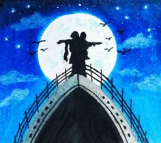 a painting of two people standing on a bridge with the moon in the background