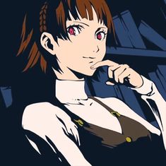 an anime character with red eyes and brown hair, wearing a white collared shirt