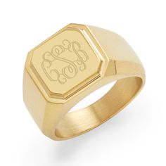 The Men's Gold Plated Stainless Steel Square Signet Ring shows an engravable flat square section on top  measuring 1/2 inch wide. Stylish and elegant for everyday wear. Coordinates Jewelry, Jewelry For Kids, Family Tree Necklace, Monogram Jewelry, Gift Kit, Engraved Bracelet, Cz Stud Earrings, Engraved Jewelry, Mens Gold