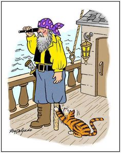 a man on a boat looking at a cat with a telescope in his hand,