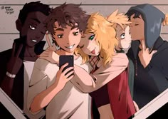 four people are looking at a cell phone together in front of a mirror with their arms around each other