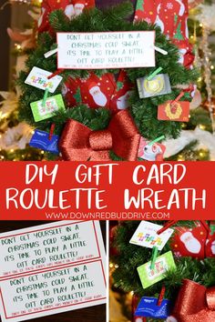 a christmas tree decorated with red and green ribbons, bows and tags for the holiday gift card roulette wreath