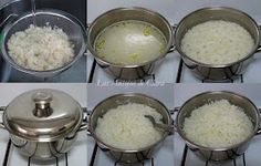 four pictures showing how to cook rice in a pot