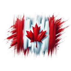 the canadian flag is painted with red, white and blue brush strokes on a white background