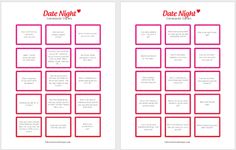 a printable date night game with red squares and hearts on the side, in two separate