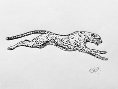 a black and white drawing of a cheetah running