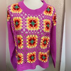 Pink Open Weave Sweater With Granny Squares Front. May Want To Wear A Layering Tank Underneath. 100% Acrylic. Purple Bohemian Spring Sweater, Granny Squares Sweater, Granny Square Sweater, Open Weave Sweater, Juicy Couture Charms, Oversized Knitted Sweaters, Layering Tanks, Linen Bag, Linen Skirt