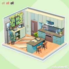 an animated view of a kitchen and dining room in the same house, with plants growing on the wall