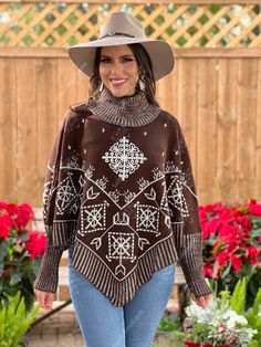 This gorgeous Mexican Artisanal Poncho is perfect for the cold months ahead! The thick sweater material and long sleeves will keep you warm all winter long. The turtle neck and fair isle design adds that perfect pop of color and style to your wardrobe. This poncho is knit, has open sides and it comes in one size so anyone ranging from size Small to 2x will be able to wear it. Bohemian Winter Poncho For Cold Weather, Brown Acrylic Outerwear For Winter, Oversized Bohemian Winter Cape, Cozy Winter Poncho For Cold Weather, Cozy Soft Knit Winter Poncho, One Size Winter Cape, Brown Turtleneck Cardigan For Winter, Cozy Shawl Poncho For Winter, Oversized Winter Poncho