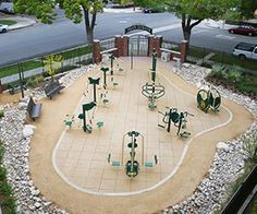 an overhead view of a playground with lots of equipment