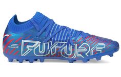 a blue and red soccer shoe with the word futura on it's side