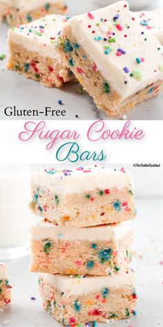 gluten - free sugar cookie bars with white frosting and sprinkles