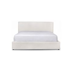 a bed with white linens and pillows on top of the headboard, in front of a white background