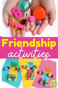 two hands holding small toys with the words, friends and letters on them in different colors