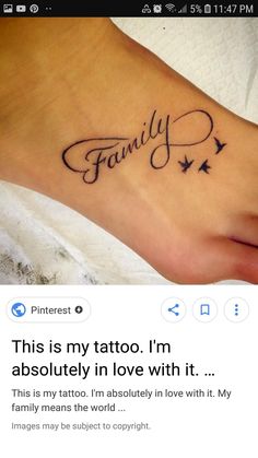 a foot tattoo with the word family on it