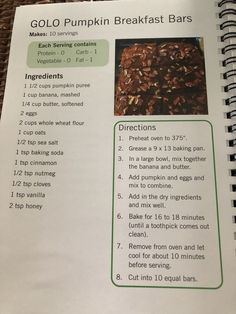 a recipe book with instructions on how to make pumpkin breakfast bars