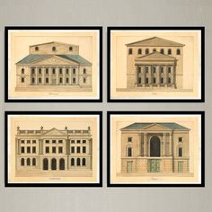 four drawings of buildings are shown in three different frames, each with an architectural design