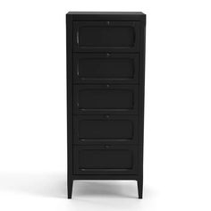 a tall black cabinet with five drawers