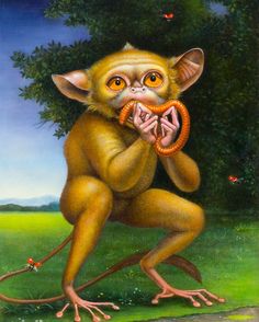 a painting of a monkey holding a snake