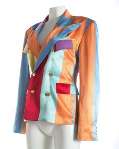 For Sale on 1stdibs - Spring-Summer 1993 Retro Multicolor Summer Outerwear, Fitted Multicolor Summer Outerwear, Vintage Multicolor Blazer For Spring, Spring Vintage Multicolor Blazer, Spring Multicolor Patchwork Blazer, Vintage Blazer With Patchwork For Spring, Suits Aesthetic, Colorful Suits, Silly Outfits