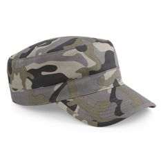 a camo cap with black and white stripes on the front, one side has a visor