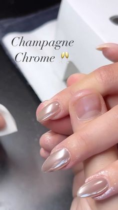 Instagram Fall Nails With Pearl Chrome, Coconut Chrome Nails, Engagement Nails Chrome, Chrome Champagne Nails, Chrome Fade Nails, Stone Chrome Nails, How To Put Chrome Powder On Nails, Gel X Chrome Nails, Champagne Nail Color