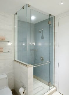 a bathroom with a glass shower door and toilet in the corner, next to a walk - in shower