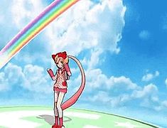 a girl standing in front of a rainbow with her hand on her hip and looking up at the sky