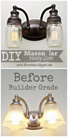 two mason jar vanity lights before and after