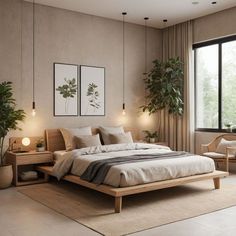 a large bed sitting next to a window in a room with lots of plants on the wall