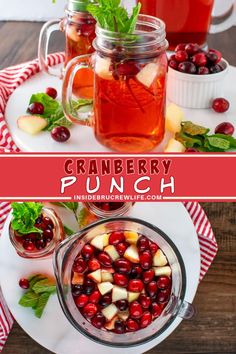 cranberry punch recipe with apples, cherries and mints in mason jars