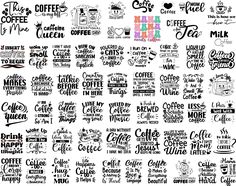 coffee related typograms are shown in black and white, as well as the words