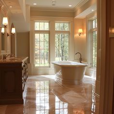 a large bathroom with an oval tub in the middle