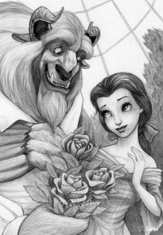 a drawing of beauty and the beast holding roses