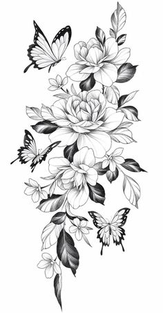 black and white flowers with butterflies flying around