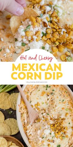 mexican corn dip in a bowl with tortilla chips