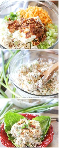 three pictures showing the steps to make chicken salad