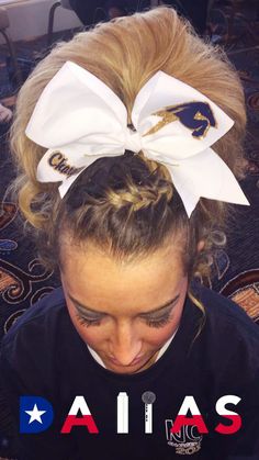 Cheer Hair Cheer Hair Ribbons, Cheer Hairstyles With Bows Low Pony, Cheer Ponytail With Bow, High Pony With Bow Cheer, Cheer Hair Ponytail With Bow, Dogs