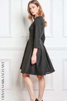 Olivia Mark - Elegant Black Midi Dress with Flared Skirt and 3/4 Sleeves Black Midi, Flared Skirt, Black Midi Dress, Olivia Mark, Flare Skirt, Midi Dress, Skirt, Black