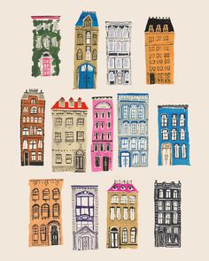 an illustration of several buildings with windows and balconies on the top, in different colors