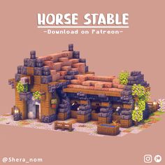 an image of a horse stable made out of wood and bricks with text overlay