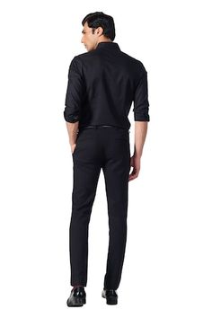 Black shirt with contrast faux leather placket and collar. - Aza Fashions Fitted Shirt With Contrast Collar For Work, Fitted Tops With Contrast Collar For Workwear, Men Shirts Casual, Rolled Up Sleeves, Shirts Black, Men Shirts, Roll Up Sleeves, S N, Shirt Pattern