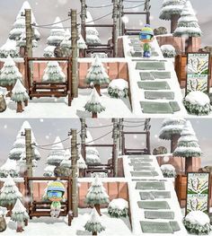 there are two pictures of a snow covered park