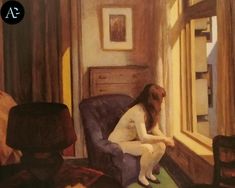 a painting of a woman sitting in a chair looking out the window