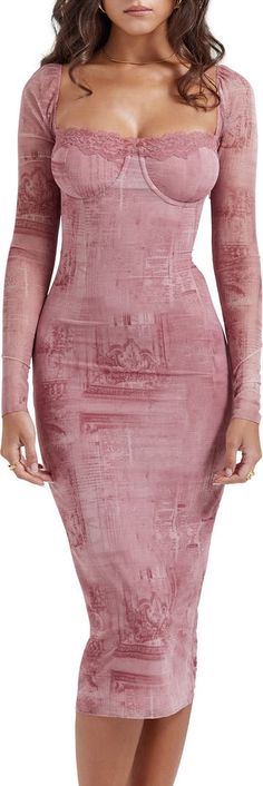 HOUSE OF CB Seraphina Corset Detail Long Sleeve Dress | Nordstrom Vintage Dress Long, Bustier Midi Dress, Pink Long Sleeve Dress, Romantic Lace, Bodycon Maxi Dresses, Pink Long Sleeve, Long Sleeve Lace Dress, Dress Long Sleeve, Corset Dress