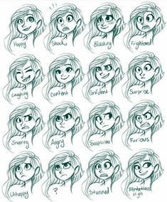 the many faces and expressions of an anime character, drawn by hand in pencil on paper