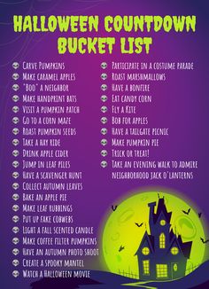 the halloween count down bucket list is shown in purple and green with an image of a spooky house