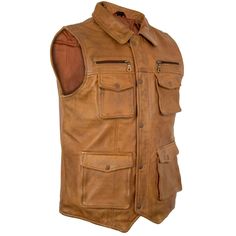 men's brown leather vest - crafted from 100% lamb soft leather. Slim fit motorcycle vest with sheepskin lining. Perfect gift for him. - Free shipping on all our leather vests. - Made of genuine lamb nappa leather, soft and supple, with a thickness of 1.0 mm. - Available in brown or black, with a solid polyester lining inside. - Exterior features 6 outer pockets: - 2 chest pockets with zips. - 2 chest pockets with press studs. - 2 large pockets with press studs. - Interior includes 2 pockets, one with a zip. - All fasteners and buttons are riveted or sewn into the leather; zips are from YKK. - Sporty men's cut. - Takes approximately seven business days to complete each leather jacket. - You will receive a similar leather vest as shown in the picture. The classic men's leather vest is a must Brown Leather Vest, Jaket Motor, Leather Vests, Leather Waistcoat, Half Jacket, Motorcycle Vest, Brown Vest, Rugged Style, Mens Cuts