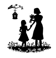 a silhouette of a mother and daughter holding hands under a tree with a birdhouse in the background