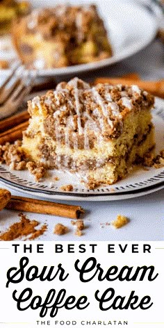 the best ever sour cream coffee cake on a plate with cinnamon sticks and spices around it